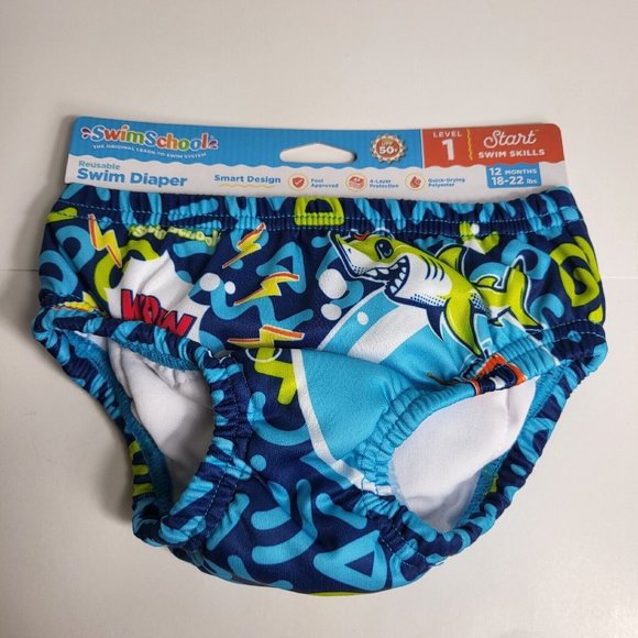Swimschool Reusable Swim Diaper UPF 50 Level 1 18-22 lbs 12M Sharks Octopus Blue - Picture 1 of 12